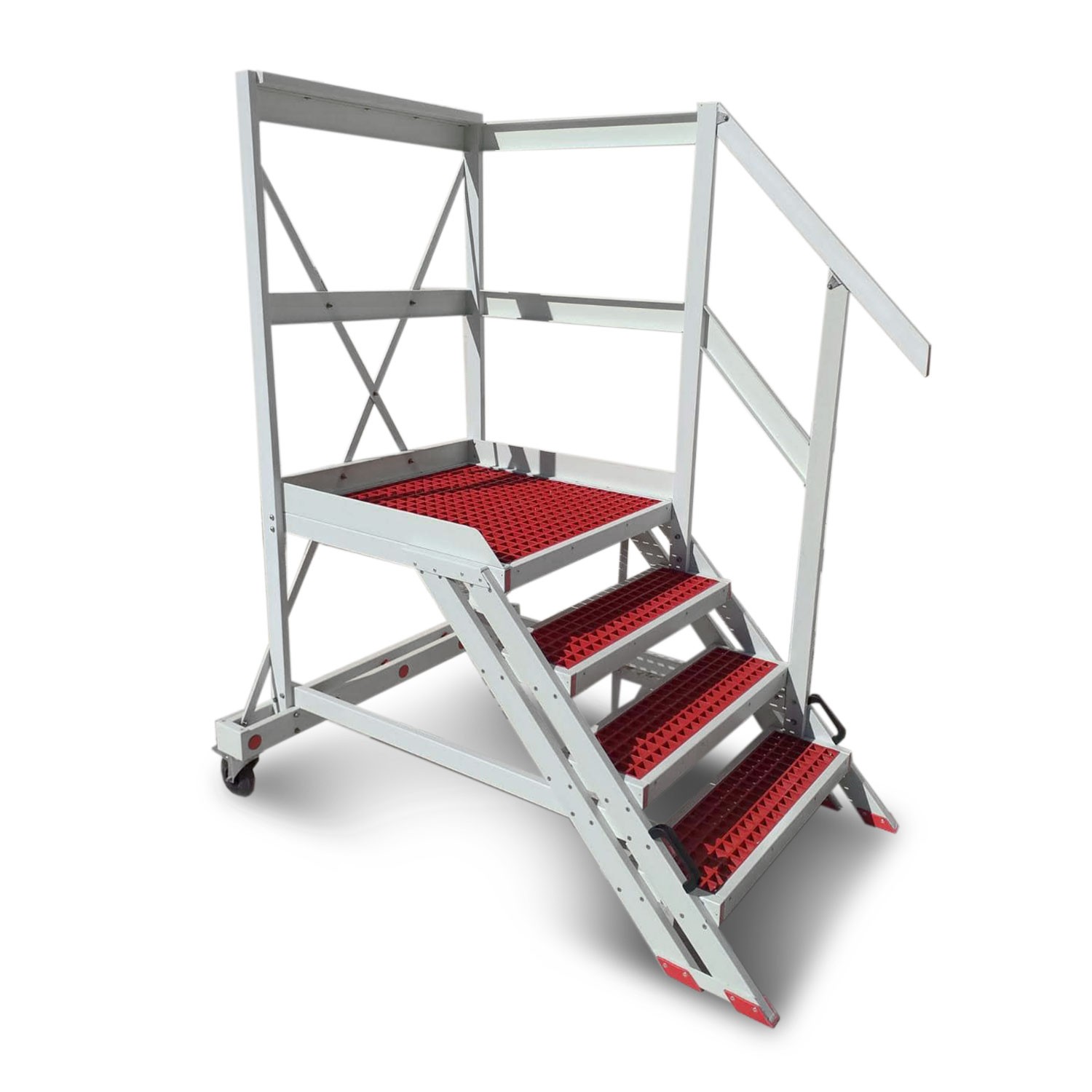 EM2008 | Escalera con plataforma, barandilla de seguridad y ruedas en fibra de vidrio